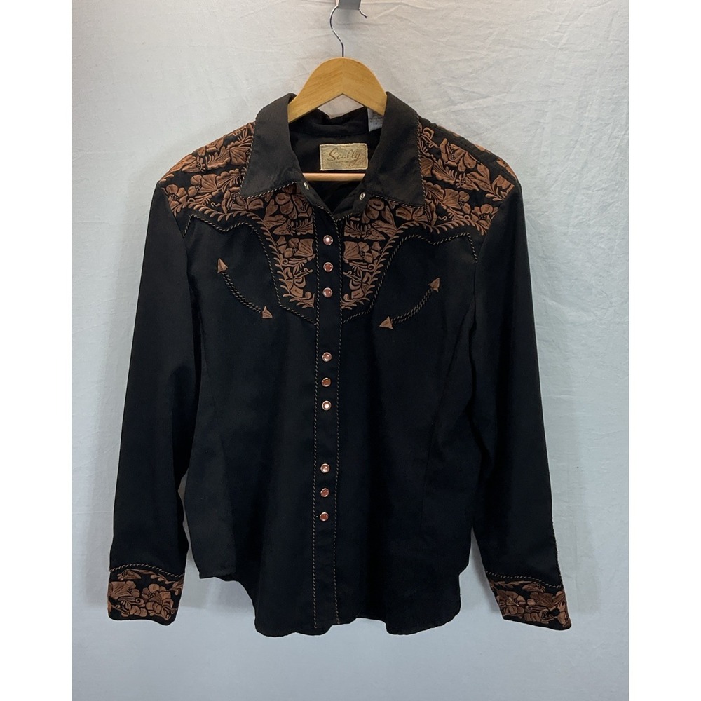 VTG Scully Western Shirt Mens XL Black Brown Rope Embroidered Pearl Snap Cowboy